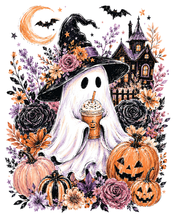 Cute Halloween Ghost with Witch Hat & Pumpkin Spice Coffee Graphic – Halloween Ready to Press DTF Transfer