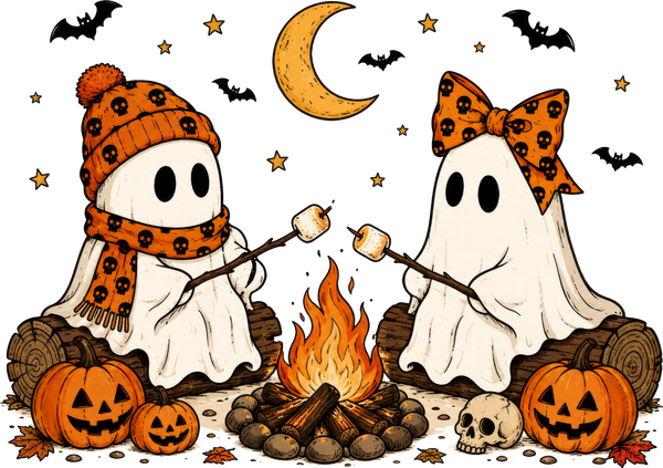 Cute Camping Ghost Couple Roasting Marshmallows Pumpkin Halloween Graphic – Halloween Ready to Press DTF Transfer