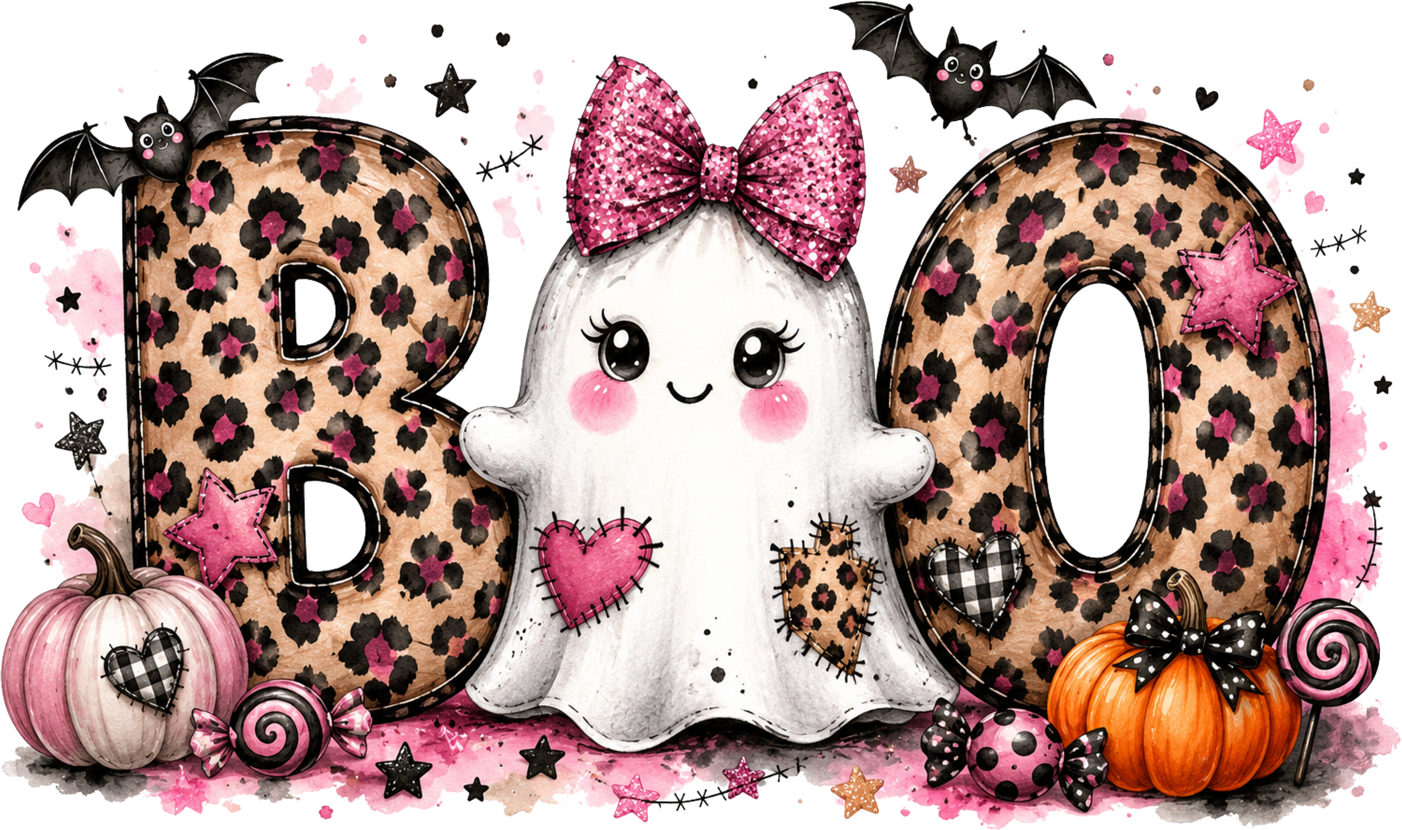 Cute Leopard Print Boo Ghost Pink Bow Halloween Graphic – Halloween Ready to Press DTF Transfer