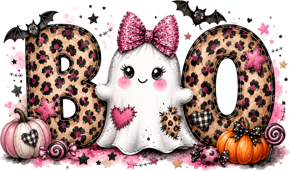 Cute Leopard Print Boo Ghost Pink Bow Halloween Graphic – Halloween Ready to Press DTF Transfer