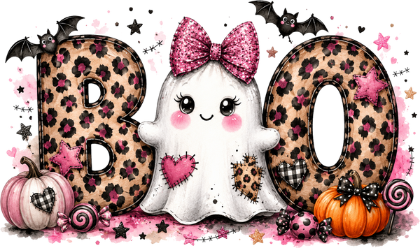 Cute Leopard Print Boo Ghost Pink Bow Halloween Graphic – Halloween Ready to Press DTF Transfer