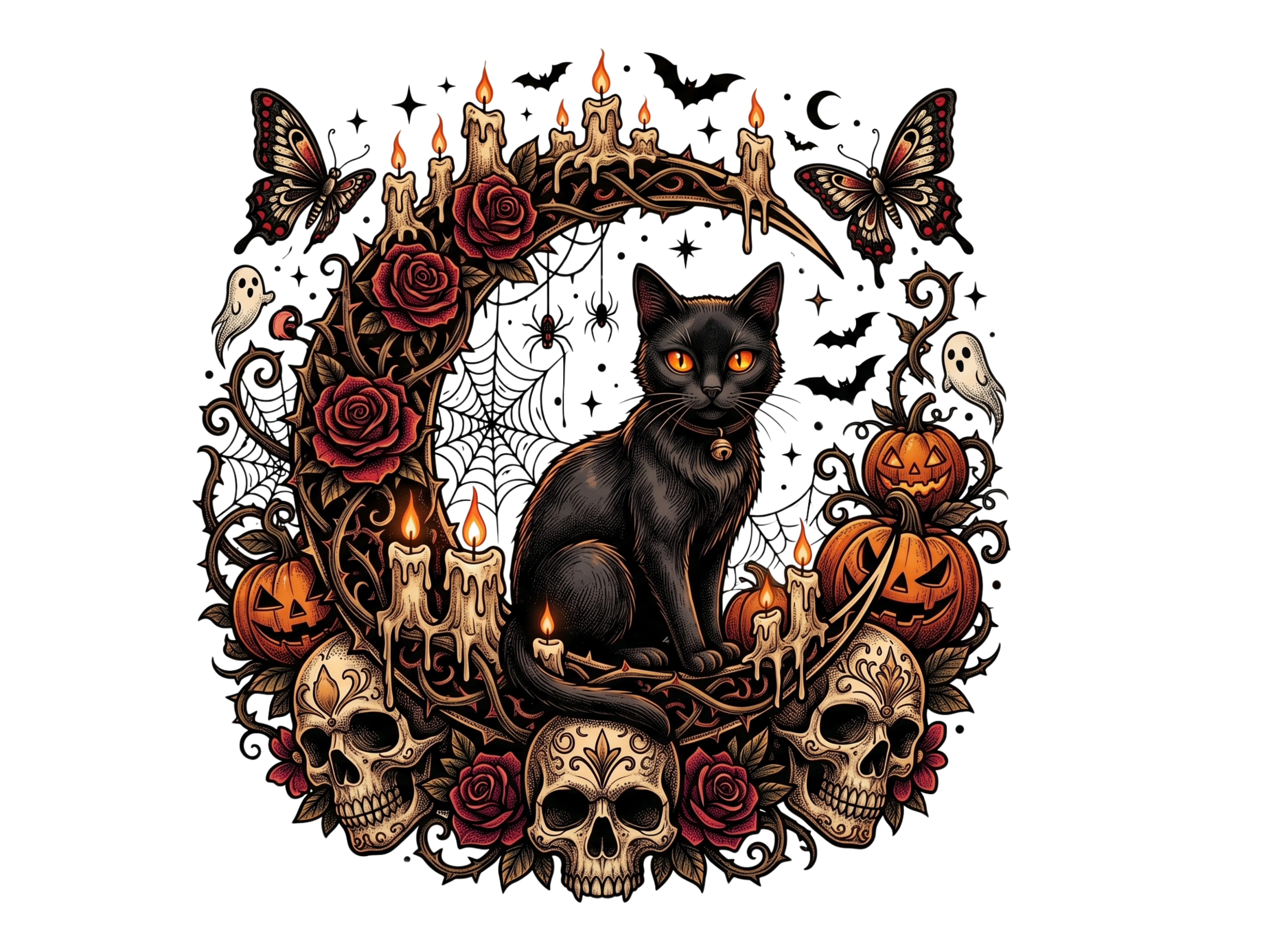 Gothic Black Cat Skull Roses Pumpkin Halloween Graphic – Halloween Ready to Press DTF Transfer