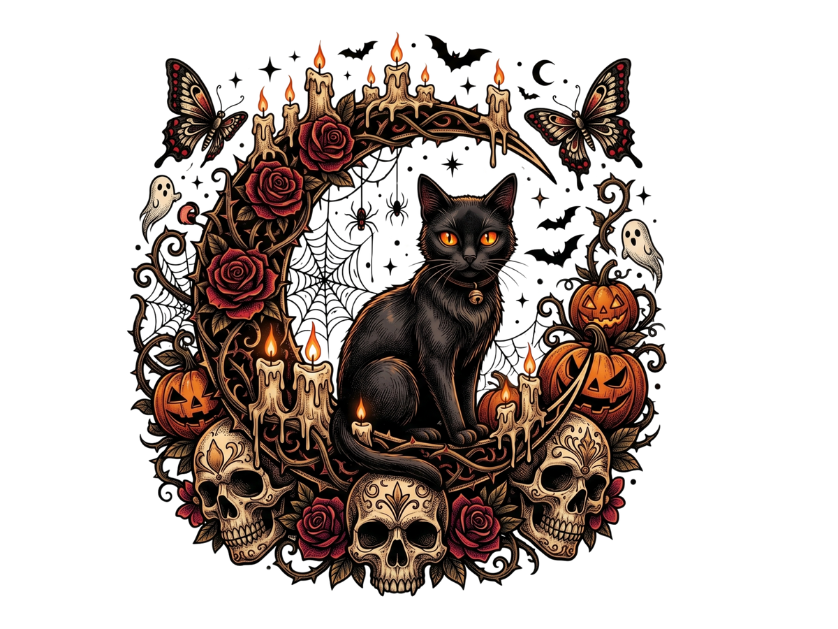 Gothic Black Cat Skull Roses Pumpkin Halloween Graphic – Halloween Ready to Press DTF Transfer
