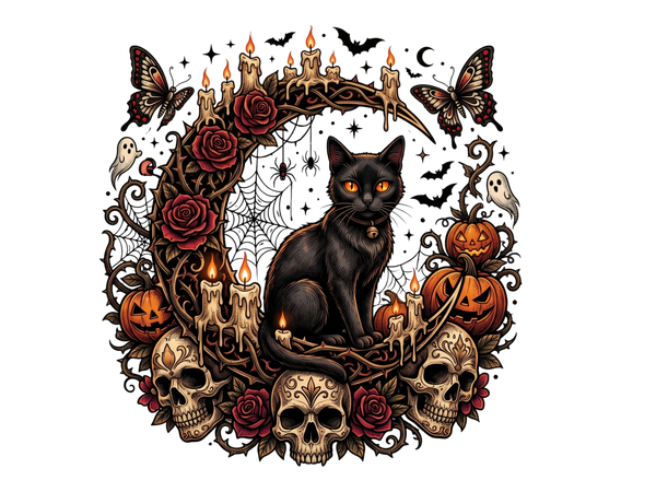 Gothic Black Cat Skull Roses Pumpkin Halloween Graphic – Halloween Ready to Press DTF Transfer