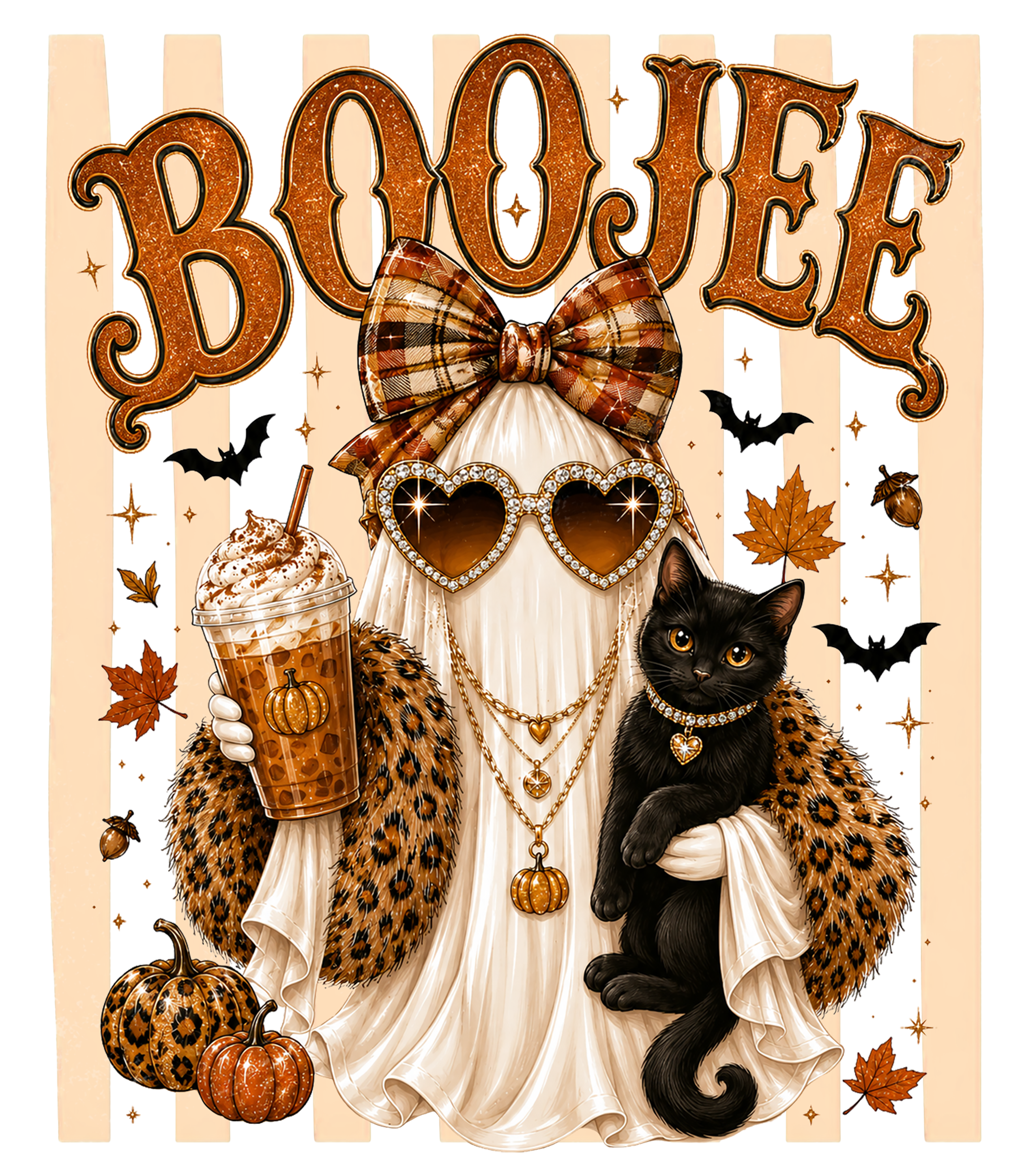 Boojee Ghost with Black Cat Leopard Bow Pumpkin Spice Graphic – Halloween Ready to Press DTF Transfer