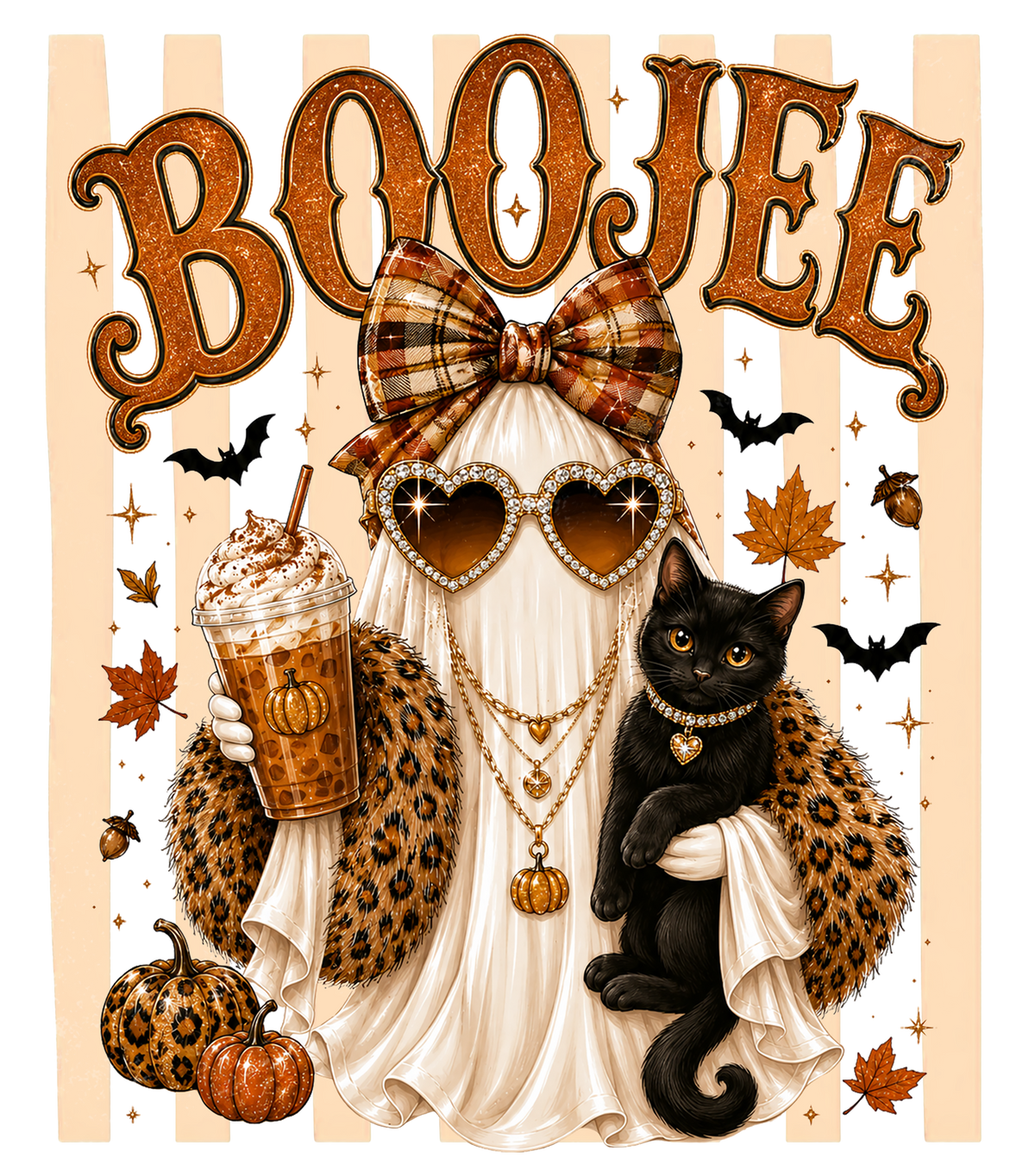 Boojee Ghost with Black Cat Leopard Bow Pumpkin Spice Graphic – Halloween Ready to Press DTF Transfer