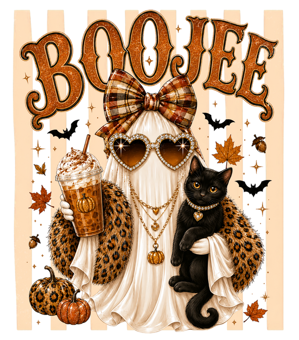 Boojee Ghost with Black Cat Leopard Bow Pumpkin Spice Graphic – Halloween Ready to Press DTF Transfer