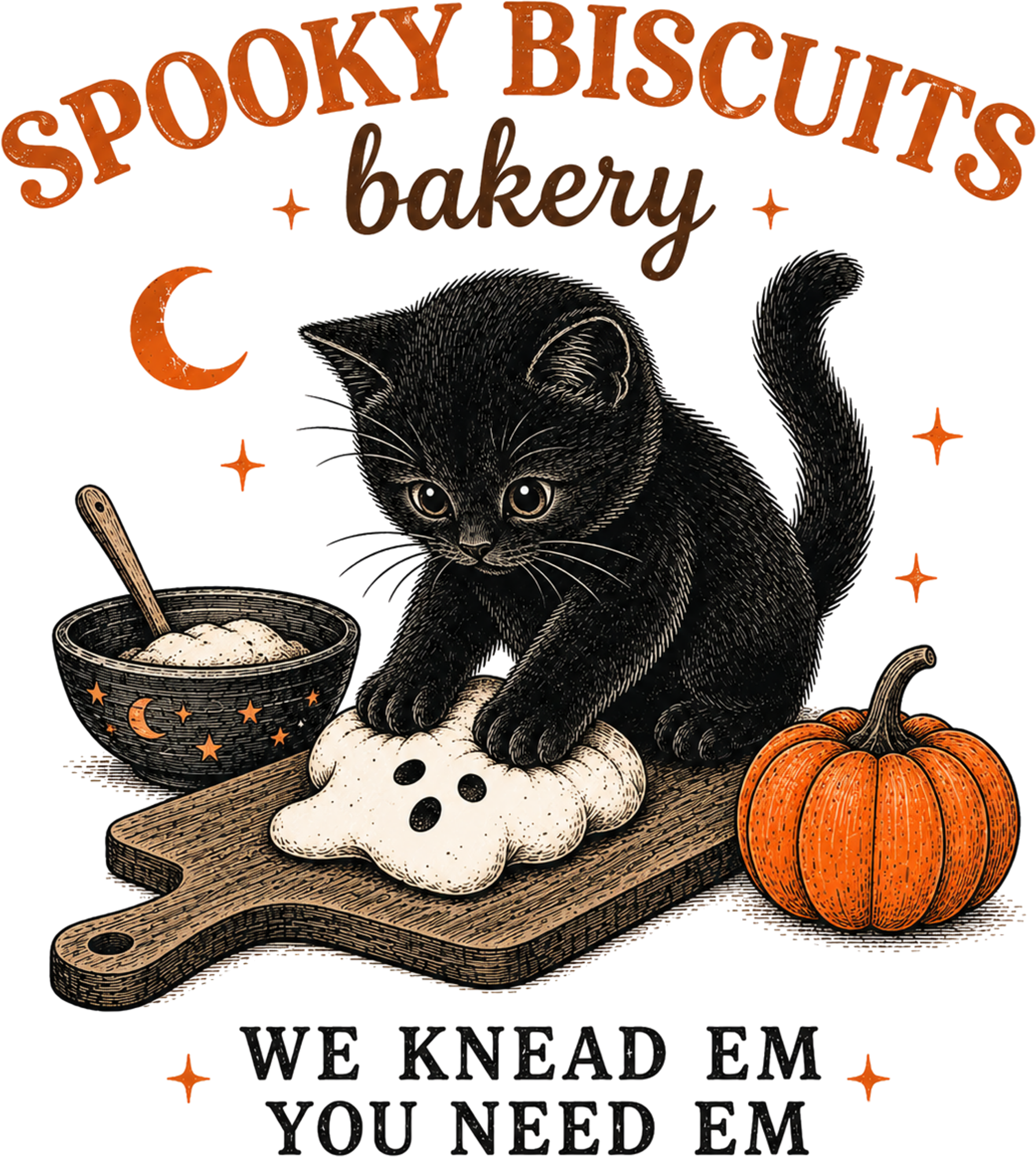Spooky Biscuits Bakery Black Cat Kneading Dough – Halloween Ready to Press DTF Transfer