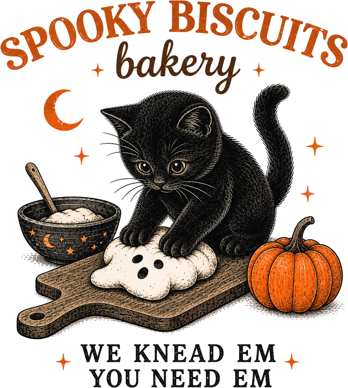 Spooky Biscuits Bakery Black Cat Kneading Dough – Halloween Ready to Press DTF Transfer