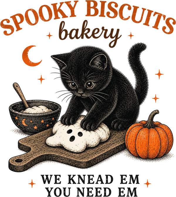 Spooky Biscuits Bakery Black Cat Kneading Dough – Halloween Ready to Press DTF Transfer
