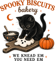 Spooky Biscuits Bakery Black Cat Kneading Dough – Halloween Ready to Press DTF Transfer