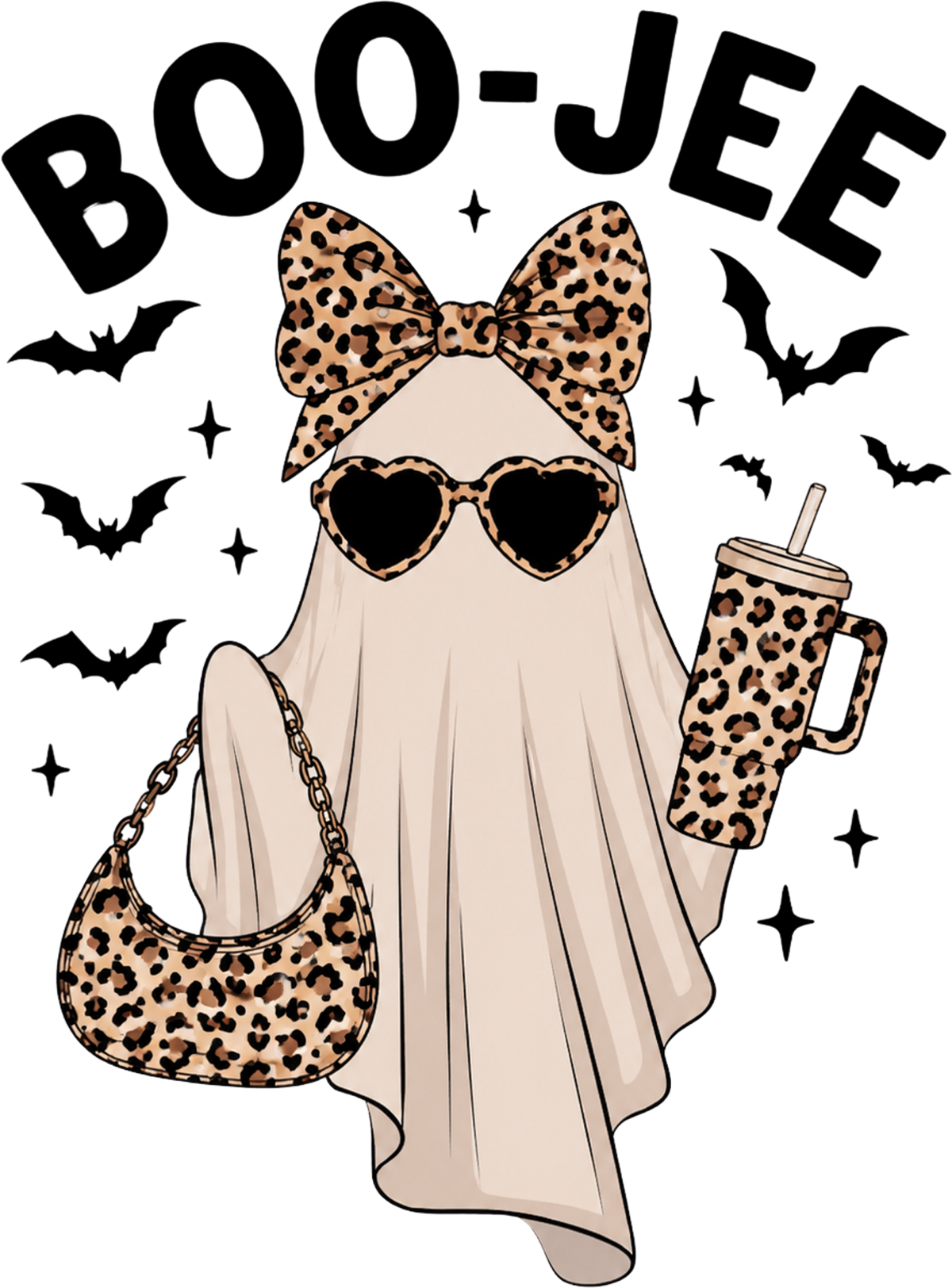 Boo-Jee Leopard Print Ghost With Tumbler – Halloween Ready to Press DTF Transfer