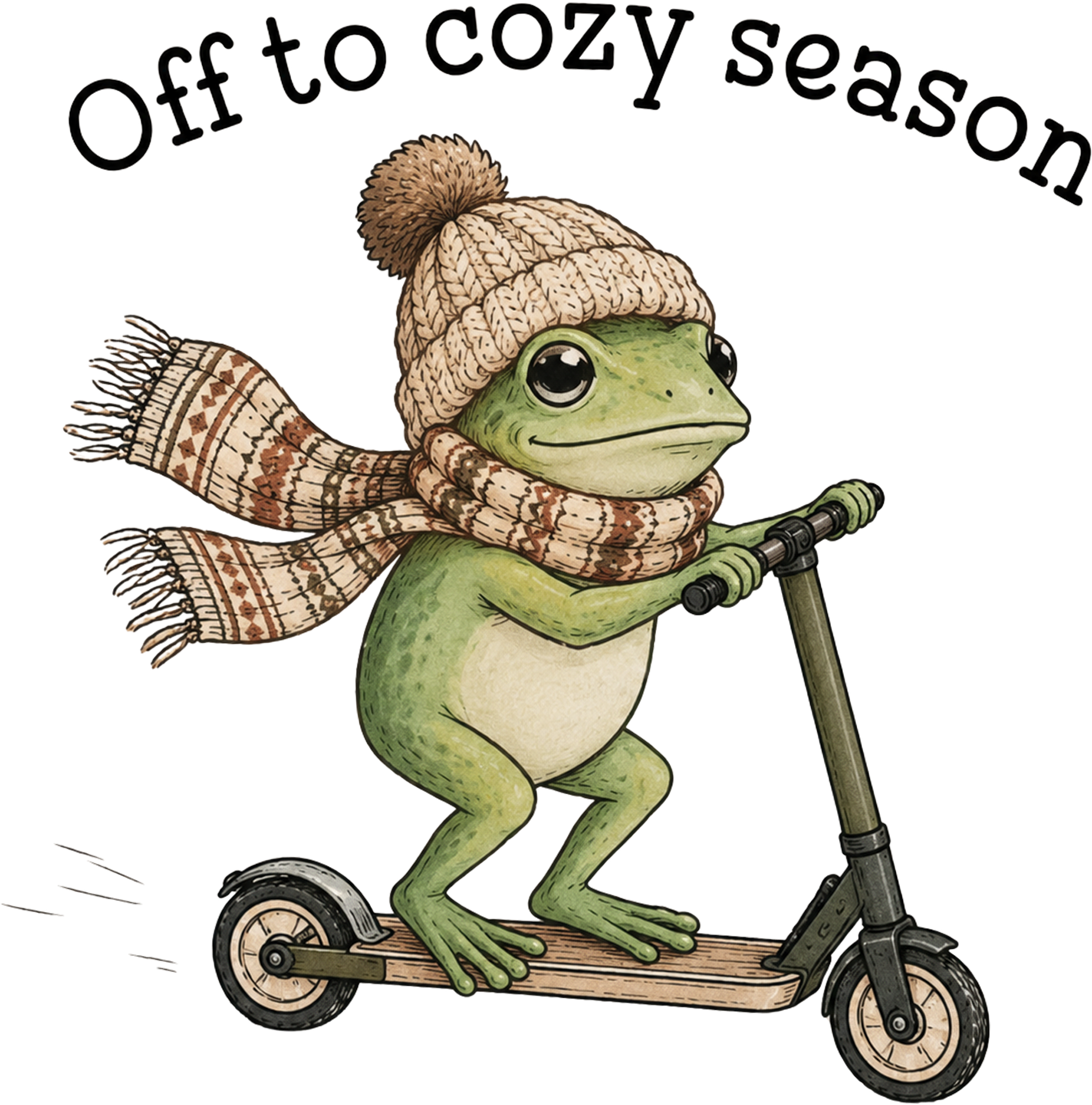 Off To Cozy Season Frog On Scooter – Fall Ready to Press DTF Transfer