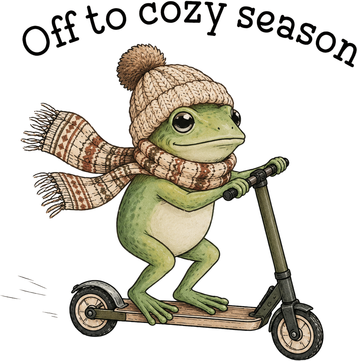 Off To Cozy Season Frog On Scooter – Fall Ready to Press DTF Transfer