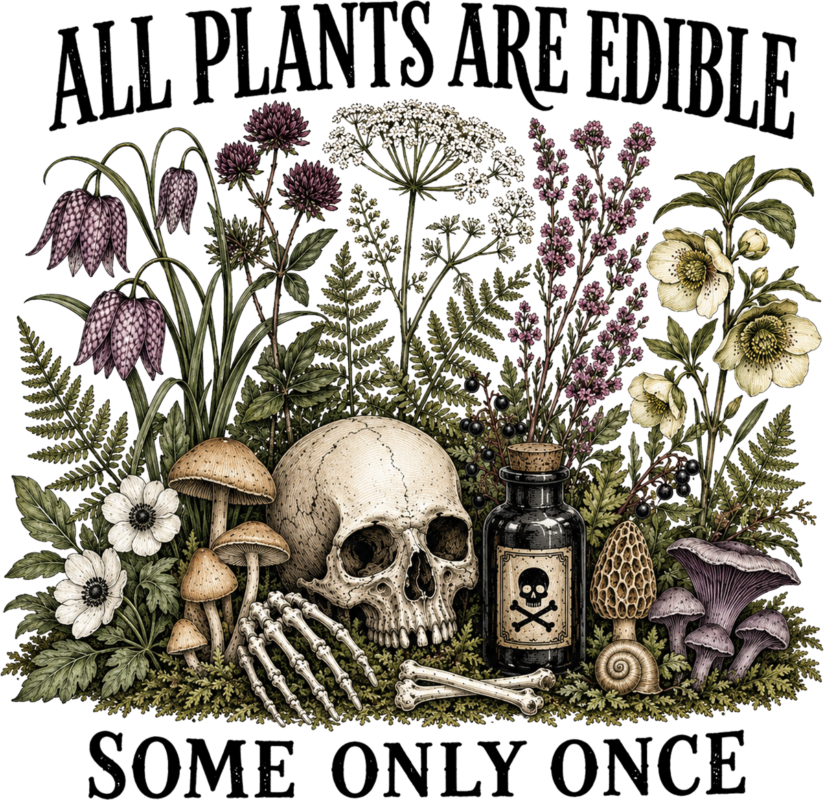 All Plants Are Edible Some Only Once Skull And Poison – Halloween Ready to Press DTF Transfer
