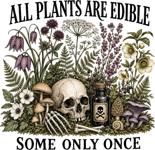 All Plants Are Edible Some Only Once Skull And Poison – Halloween Ready to Press DTF Transfer