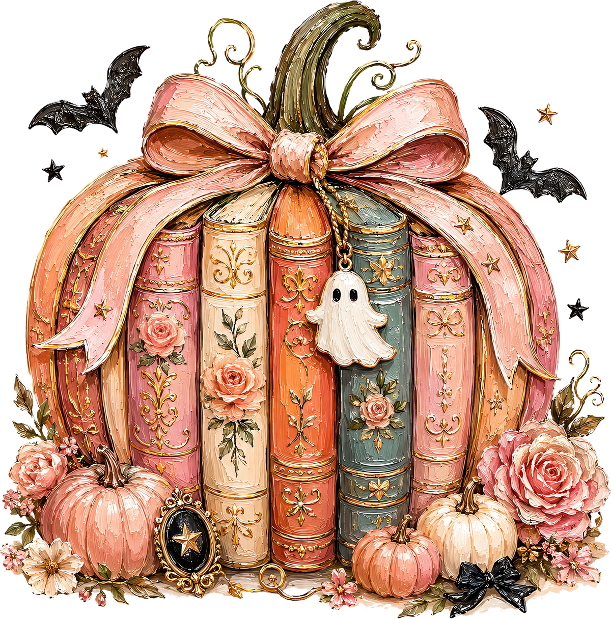 Pink Floral Book Pumpkin with Ghost Charm – Halloween Ready to Press DTF Transfer