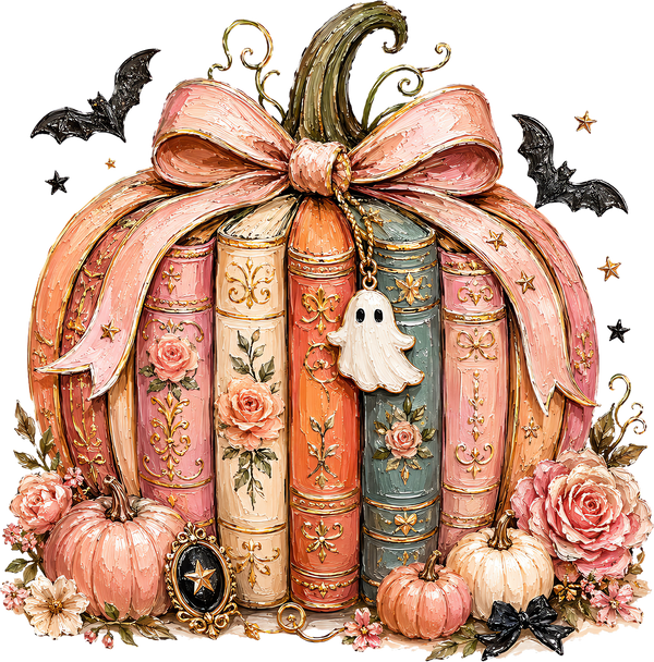 Pink Floral Book Pumpkin with Ghost Charm – Halloween Ready to Press DTF Transfer