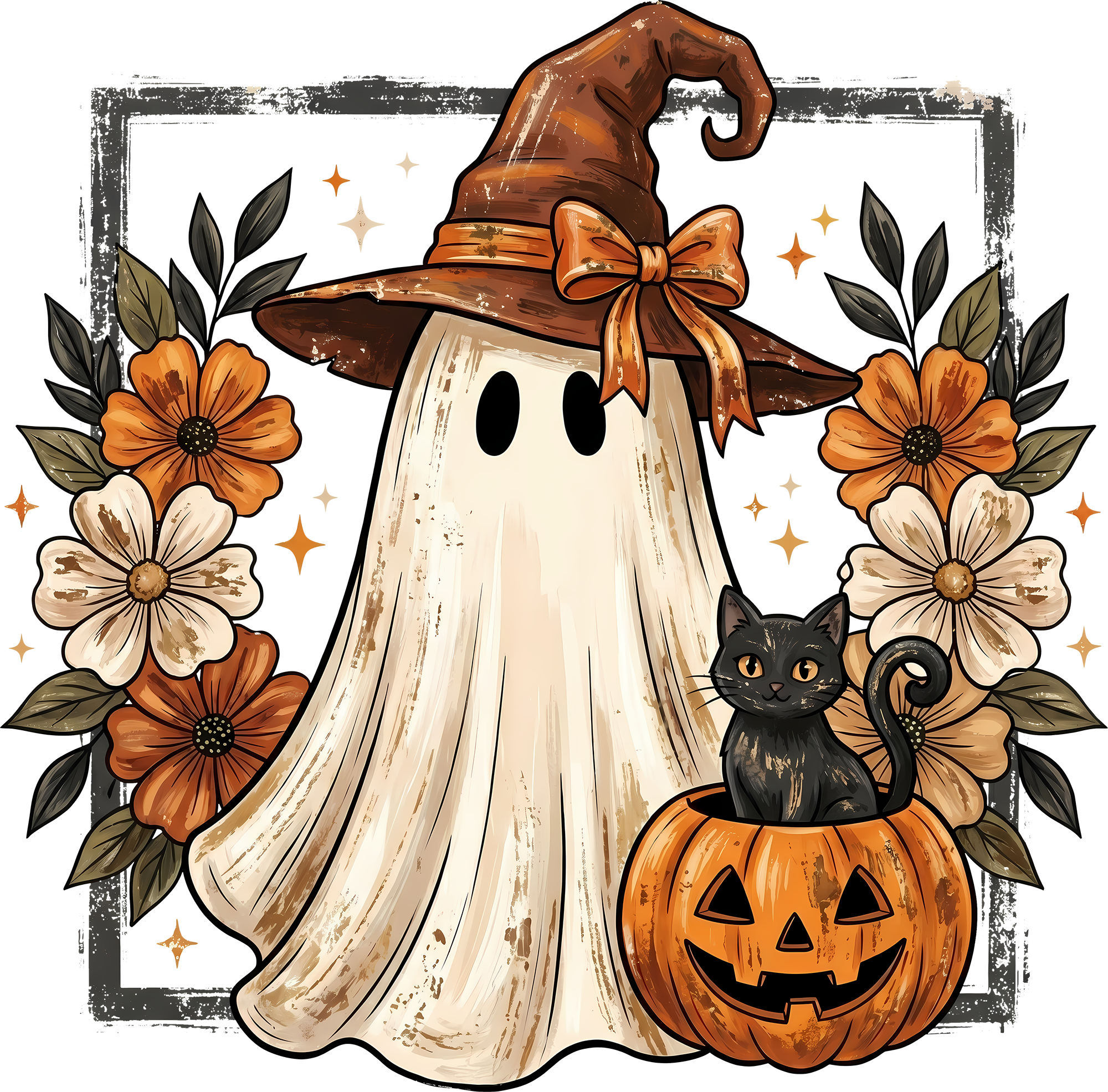 Ghost with Witch Hat and Black Cat Pumpkin – Halloween Ready to Press DTF Transfer