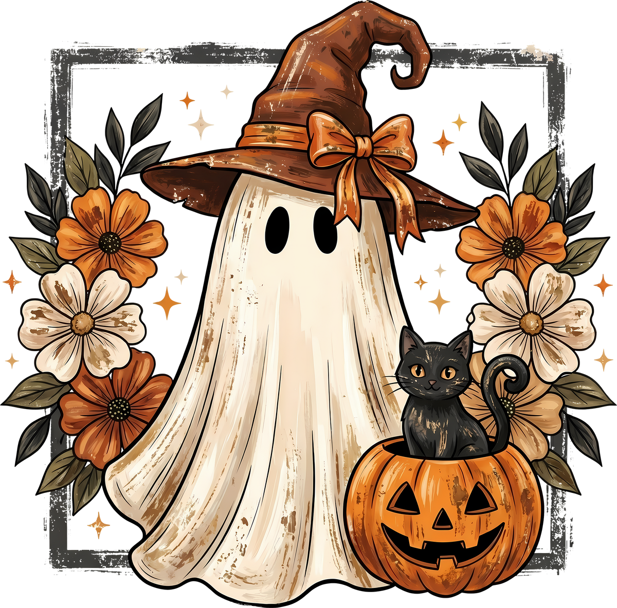 Ghost with Witch Hat and Black Cat Pumpkin – Halloween Ready to Press DTF Transfer