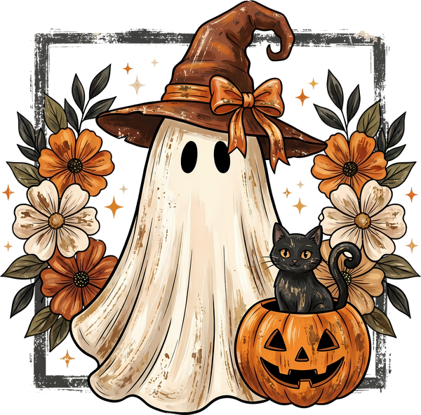 Ghost with Witch Hat and Black Cat Pumpkin – Halloween Ready to Press DTF Transfer