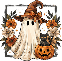 Ghost with Witch Hat and Black Cat Pumpkin – Halloween Ready to Press DTF Transfer