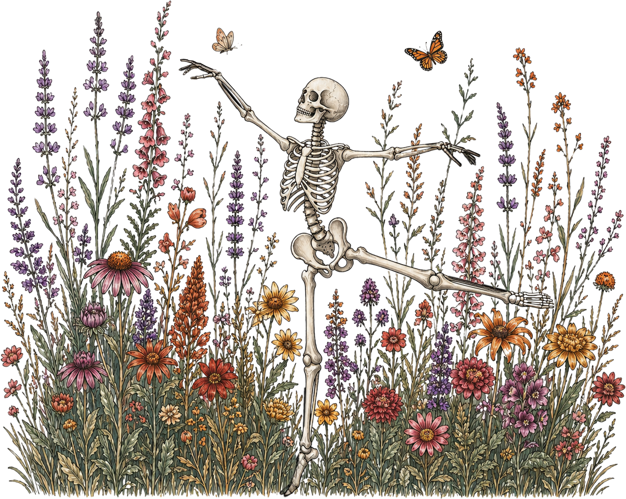Dancing Skeleton in Wildflowers – Halloween Ready to Press DTF Transfer