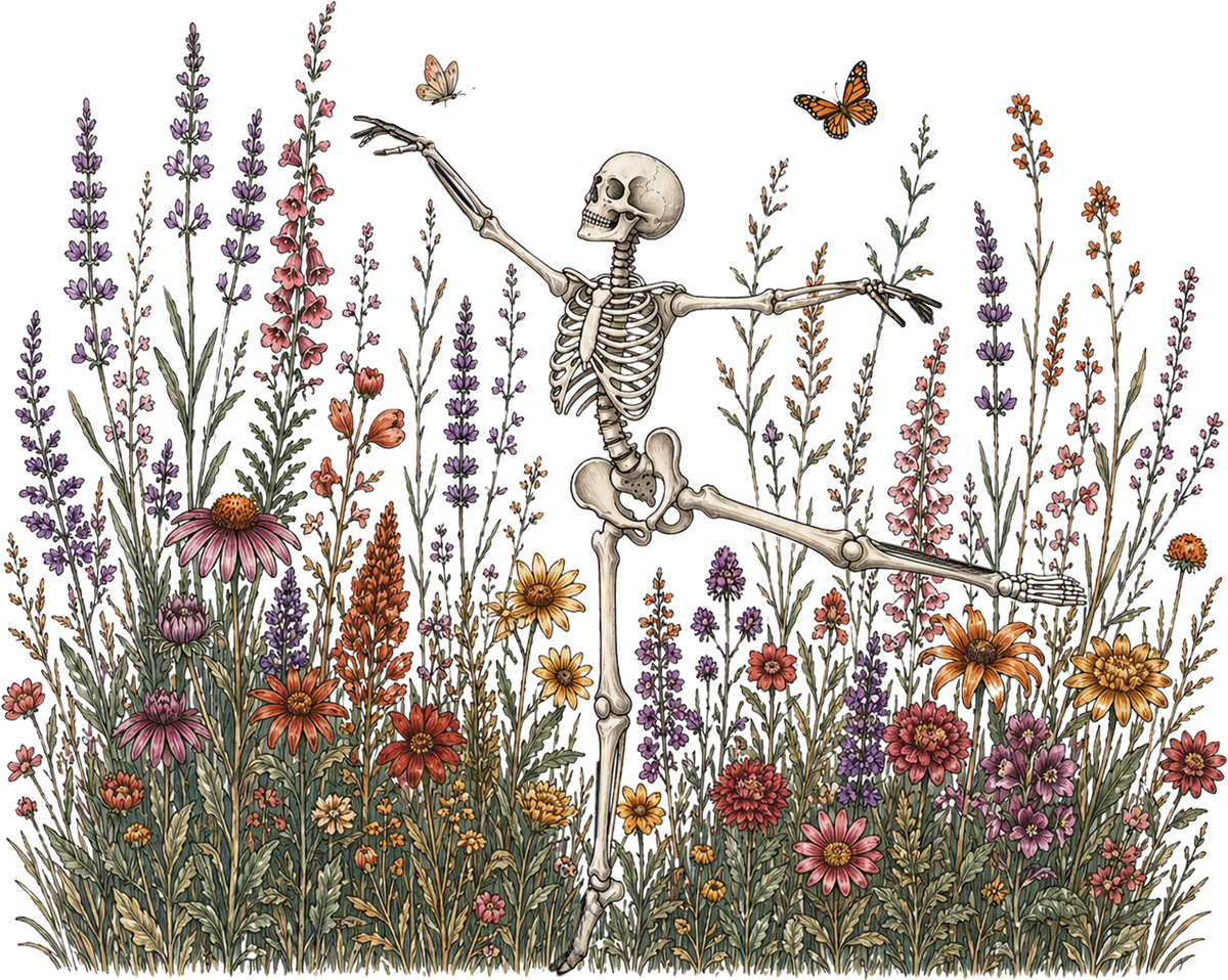 Dancing Skeleton in Wildflowers – Halloween Ready to Press DTF Transfer
