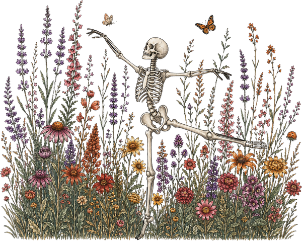 Dancing Skeleton in Wildflowers – Halloween Ready to Press DTF Transfer