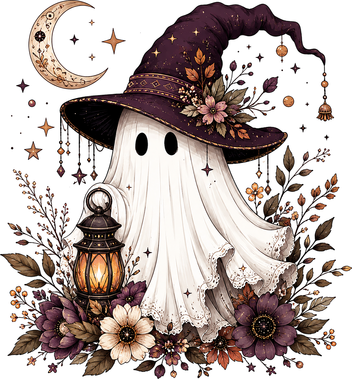 Ghost with Purple Witch Hat and Lantern – Halloween Ready to Press DTF Transfer