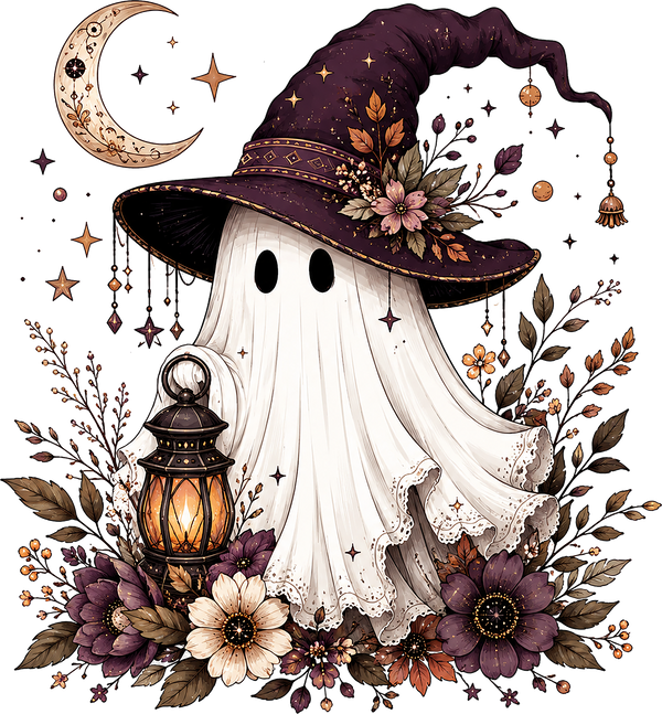 Ghost with Purple Witch Hat and Lantern – Halloween Ready to Press DTF Transfer