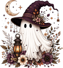 Ghost with Purple Witch Hat and Lantern – Halloween Ready to Press DTF Transfer