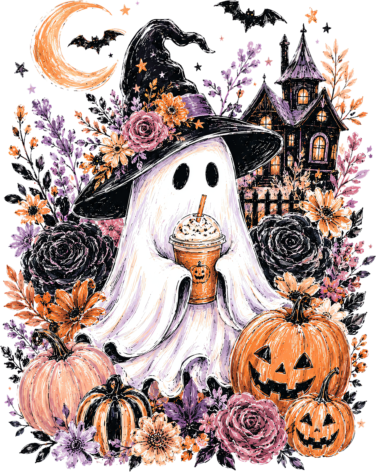 Witch Ghost with Iced Coffee and Haunted House – Halloween Ready to Press DTF Transfer