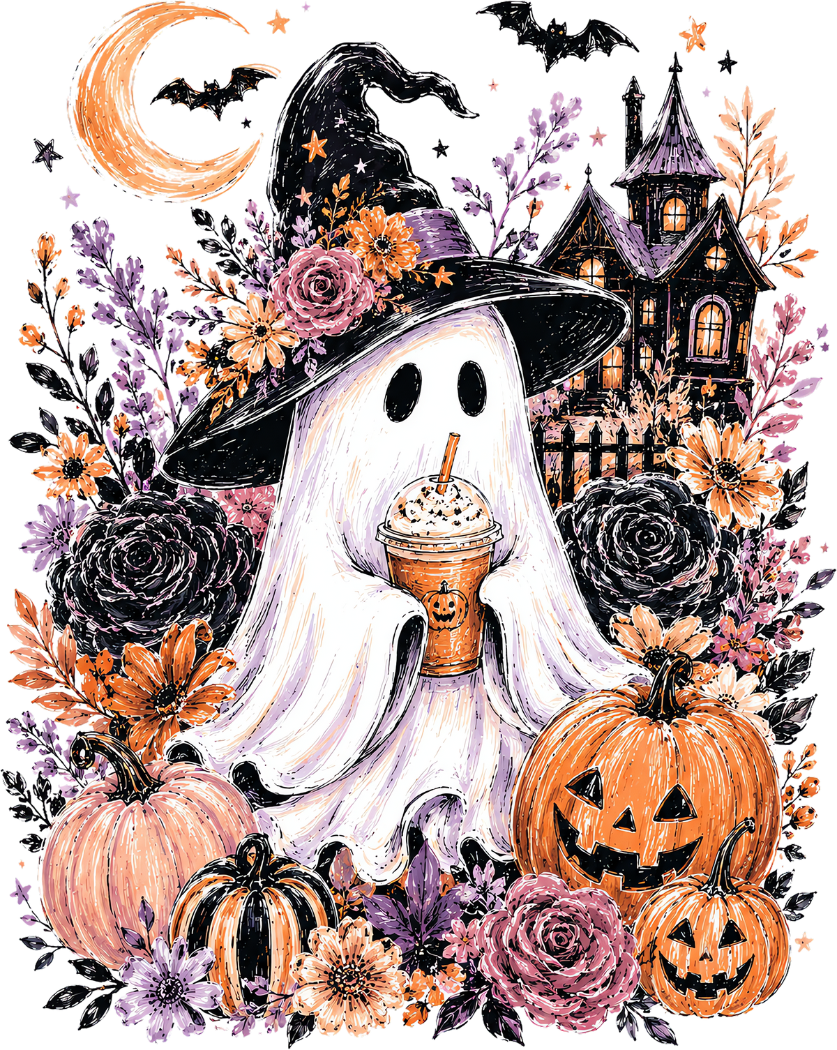 Witch Ghost with Iced Coffee and Haunted House – Halloween Ready to Press DTF Transfer