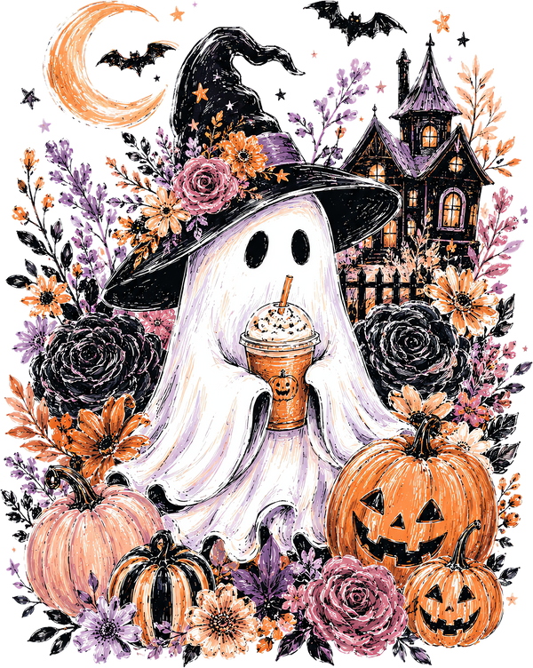 Witch Ghost with Iced Coffee and Haunted House – Halloween Ready to Press DTF Transfer