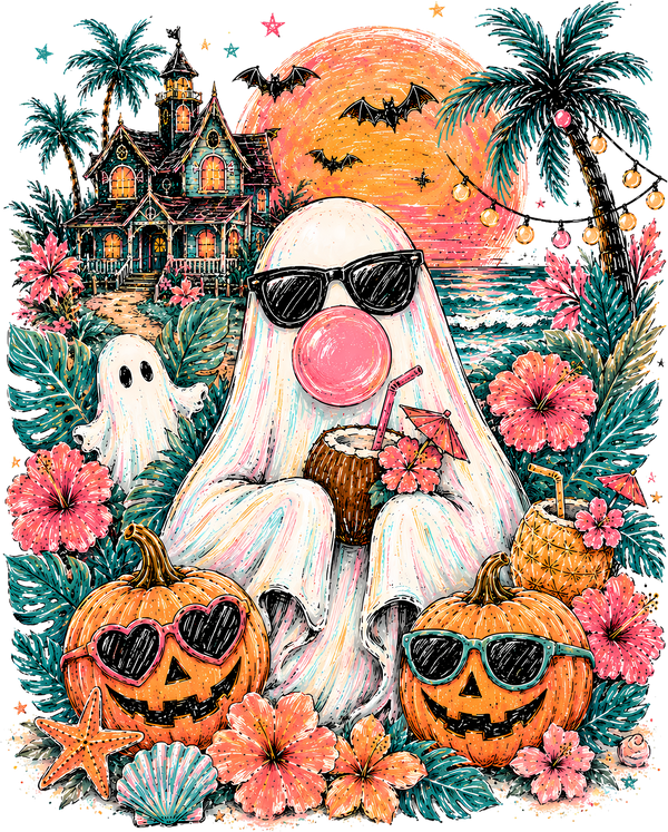 Summerween Ghost with Bubblegum and Sunglasses – Halloween Ready to Press DTF Transfer