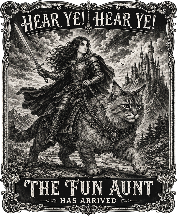 Hear Ye The Fun Aunt Has Arrived Knight Riding Cat – Family Ready to Press DTF Transfer