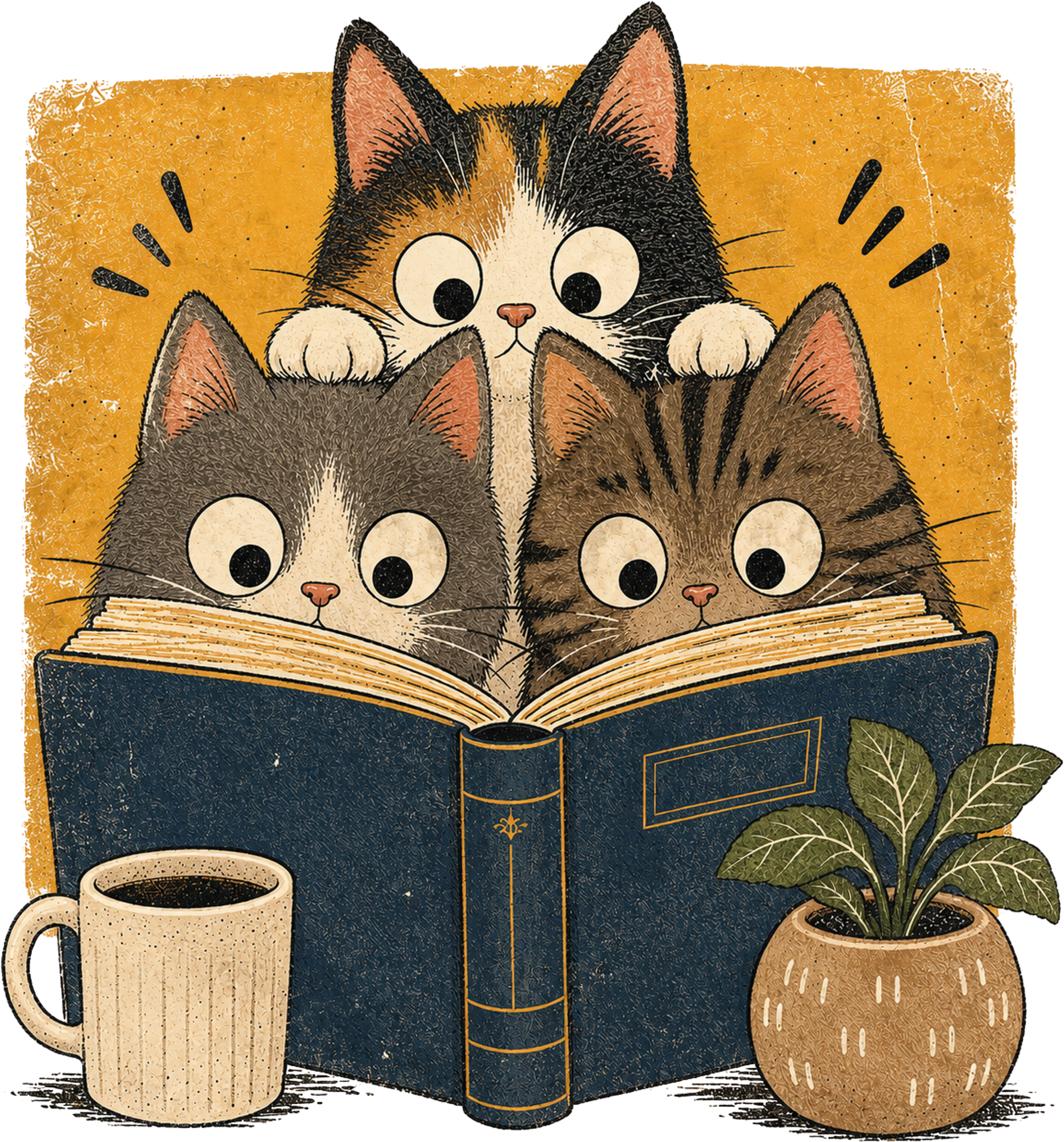 Three Cute Cats Reading Book – Animals Ready to Press DTF Transfer