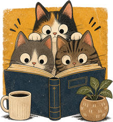 Three Cute Cats Reading Book – Animals Ready to Press DTF Transfer