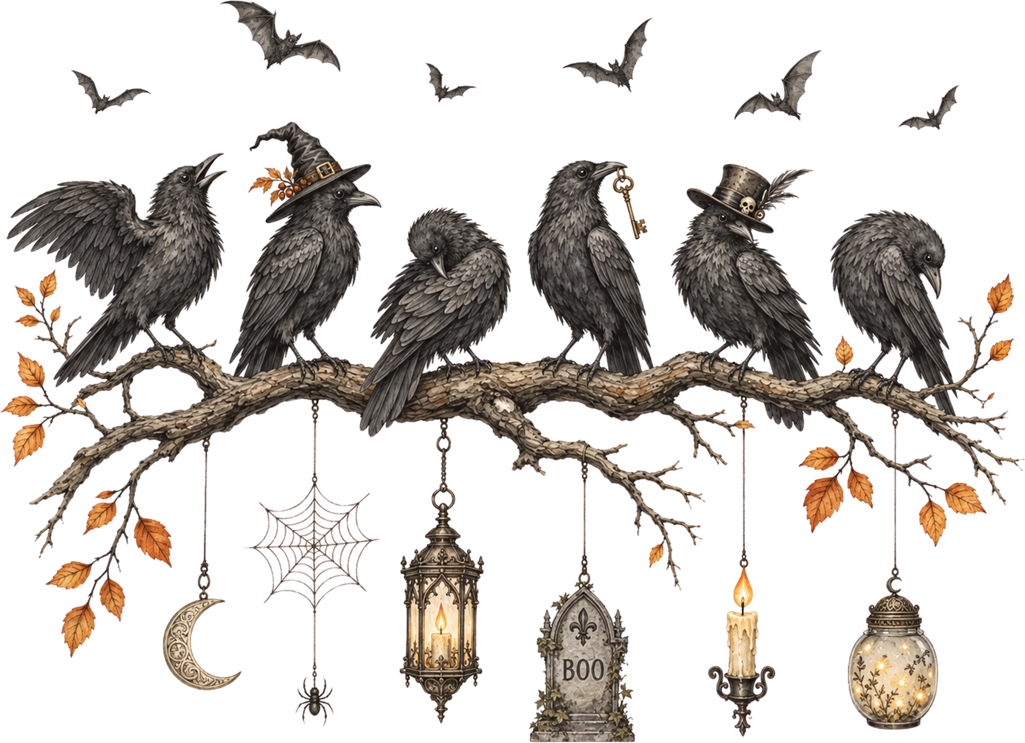 Spooky Crows on Branch with Lanterns – Halloween Ready to Press DTF Transfer