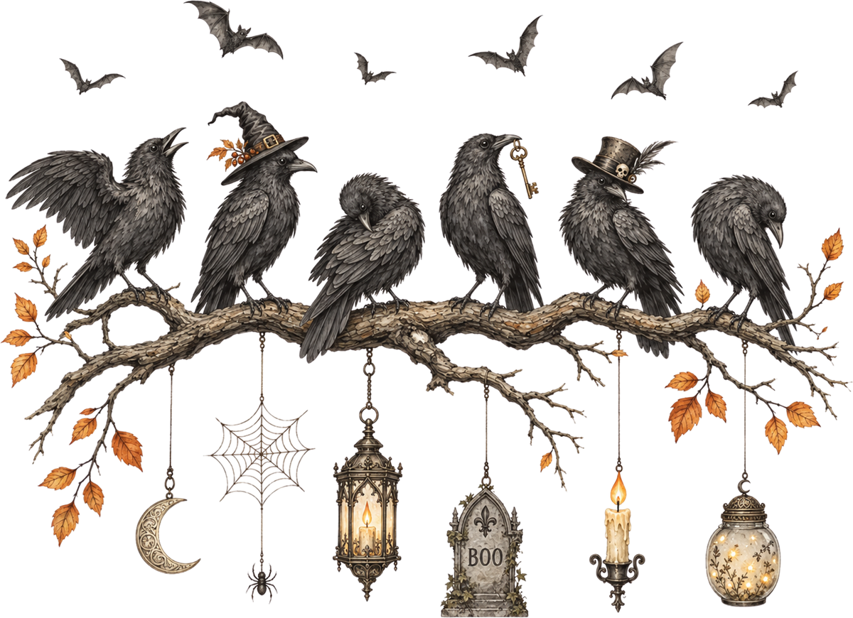Spooky Crows on Branch with Lanterns – Halloween Ready to Press DTF Transfer