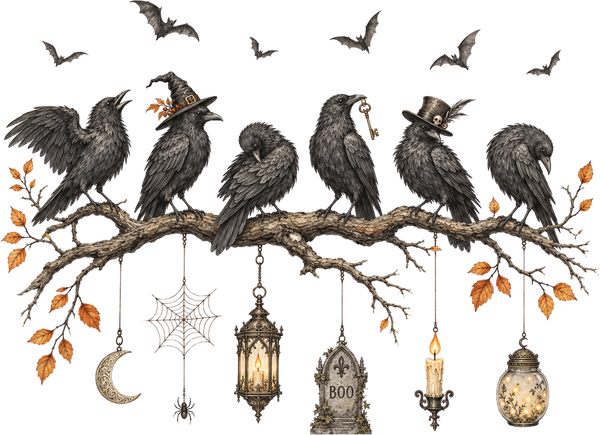 Spooky Crows on Branch with Lanterns – Halloween Ready to Press DTF Transfer