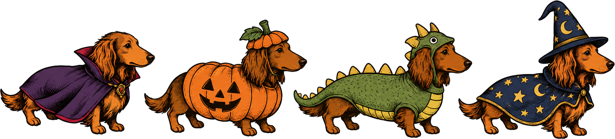 Dachshunds in Halloween Costumes – Halloween Ready to Press DTF Transfer