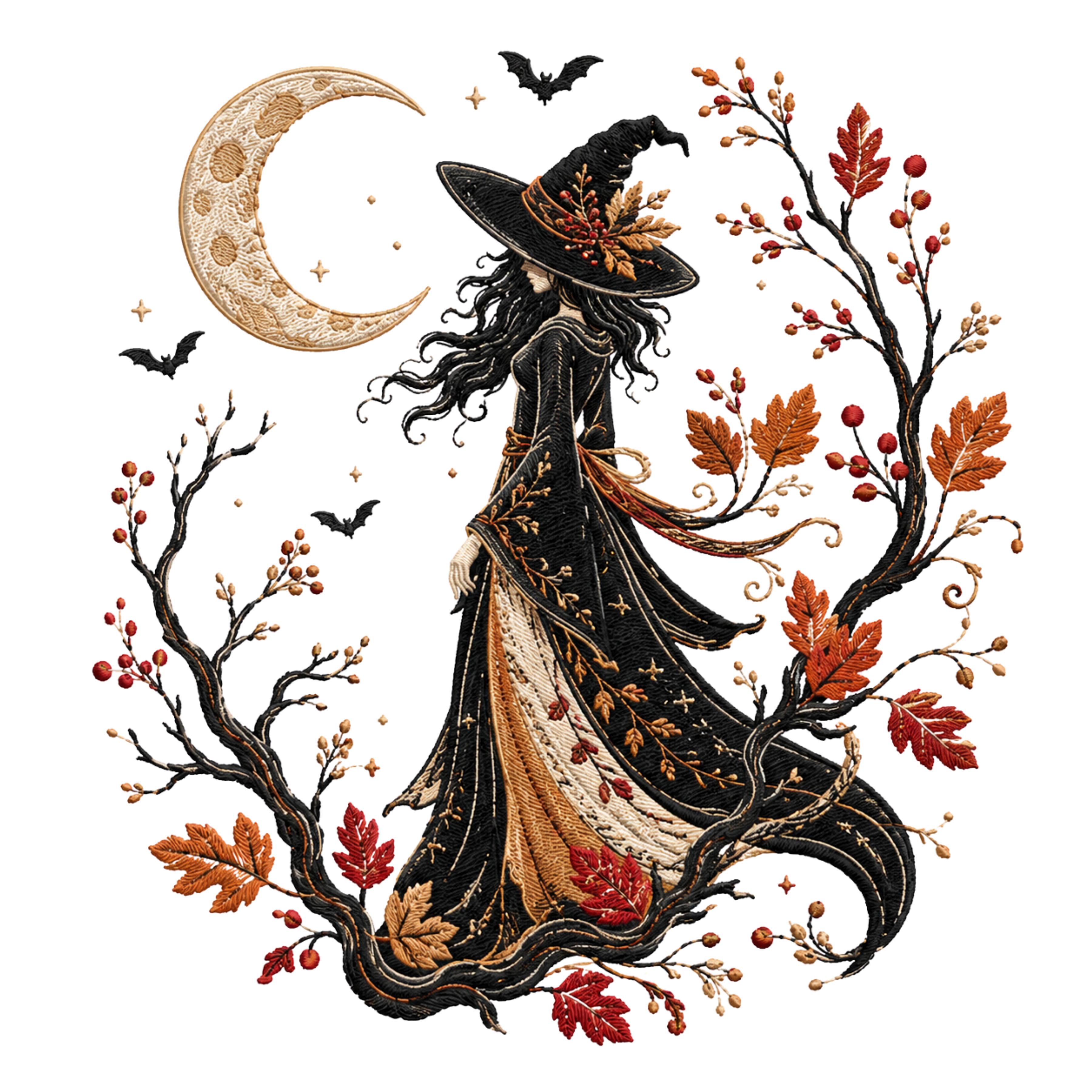 Autumn Witch with Crescent Moon and Fall Leaves – Halloween Ready to Press DTF Transfer