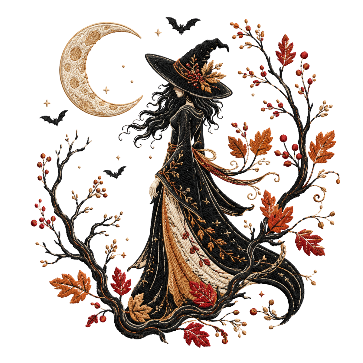 Autumn Witch with Crescent Moon and Fall Leaves – Halloween Ready to Press DTF Transfer