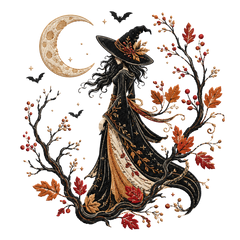 Autumn Witch with Crescent Moon and Fall Leaves – Halloween Ready to Press DTF Transfer