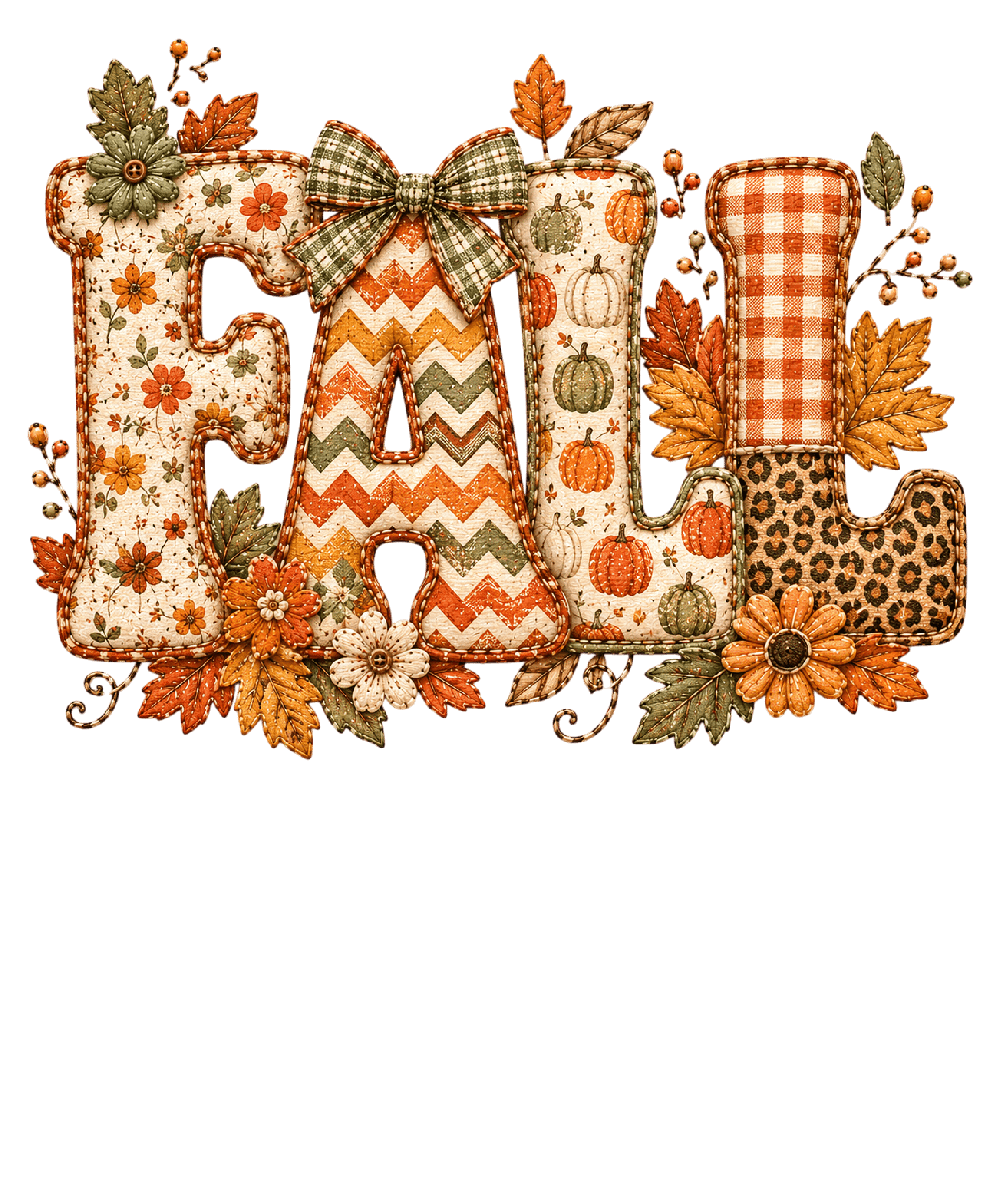 Fall Mixed Pattern Letters with Autumn Flowers and Bow – Fall Ready to Press DTF Transfer