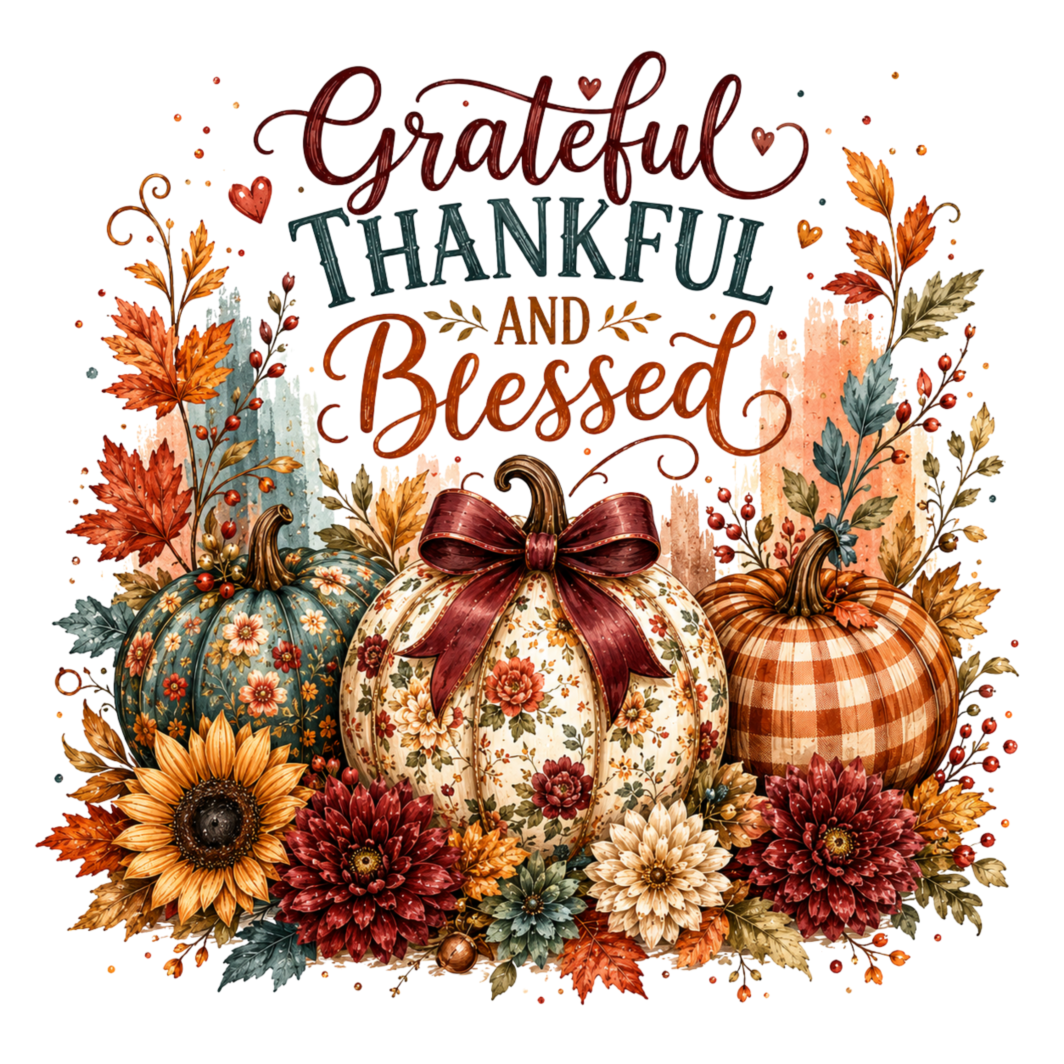 Grateful Thankful and Blessed Pumpkin Trio – Fall Ready to Press DTF Transfer