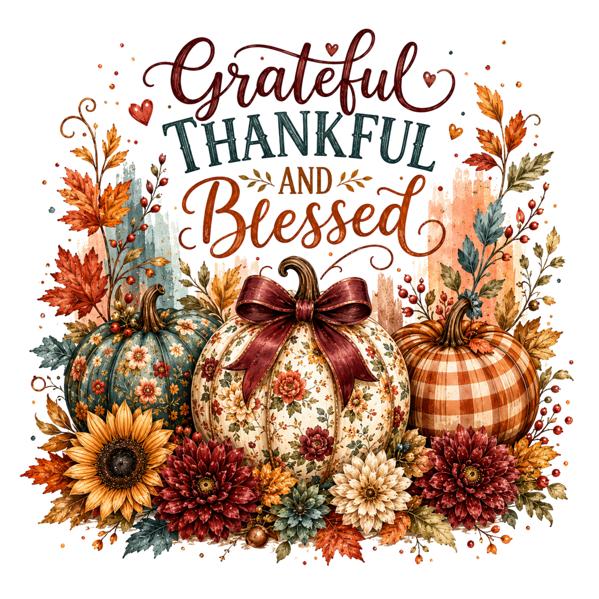 Grateful Thankful and Blessed Pumpkin Trio – Fall Ready to Press DTF Transfer