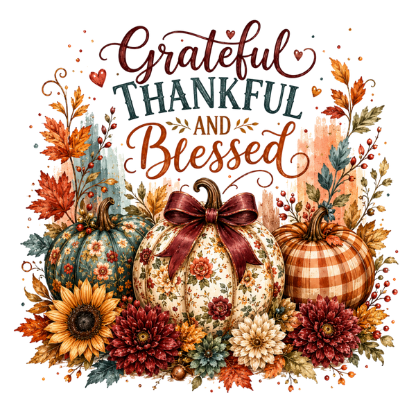Grateful Thankful and Blessed Pumpkin Trio – Fall Ready to Press DTF Transfer